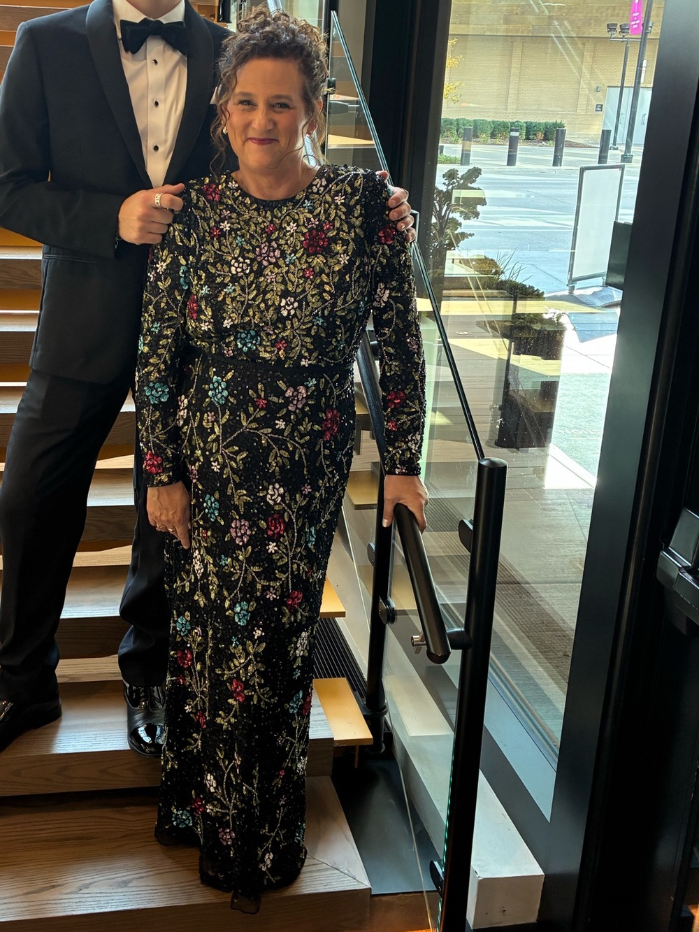 Mac Duggal Black Sequin Floral Long Sleeve Gown with Multicolor Embroidery